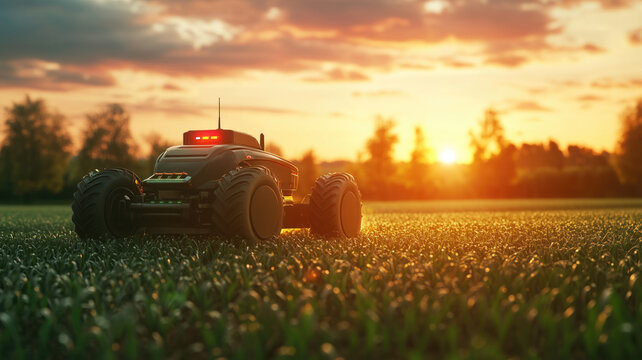 Generative AI image of unmanned robot herbicide sprayer working in agricultural field during evening against sunset sky and green trees in countryside
