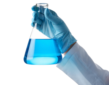 Scientist hand holding flask with chemistry liquid isolated on transparent background