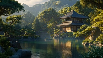 Tranquil Japanese Garden with Serene Water and Traditional Pavilion