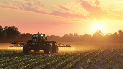 Fototapeta premium Generative AI image of unmanned robot herbicide sprayer working in agricultural field during evening against sunset sky and green trees in countryside