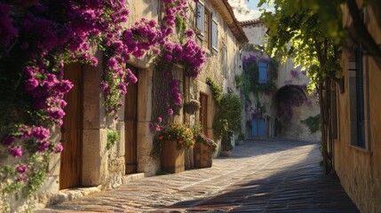 Obraz premium Charming European Village Street with Bougainvillea Flowers
