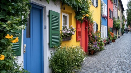 Colorful Houses with Flowering Plants in a Charming Cobblestone Street