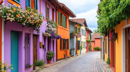 Charming colorful houses with flowers lining a picturesque street
