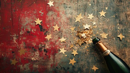 Top-down view of a champagne bottle spilling golden star paper on a bold backdrop, evoking party excitement.