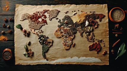 Colorful World Map Made of Spices and Natural Ingredients
