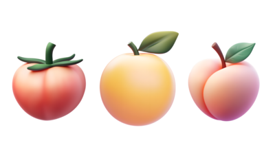 Fruit 3D icons. Illustration of food - tomato, orange, peach  isolated on white, png