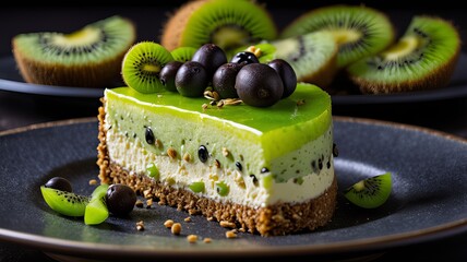 Kawałek pysznego sernika o smaku kiwi i czekoladek, z gładkim nadzieniem o smaku kiwi i pysznie słodkiej, kremowej konsystencji.