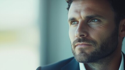 Close-up of a thoughtful businessman gazing out of a window