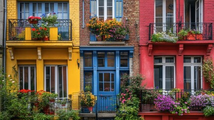 Fototapeta premium Vibrant Colorful Buildings with Flower Boxes and Balconies in City