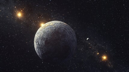 Cosmic Landscape: A Gray Planet's Journey Through the Starry Expanse