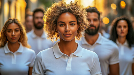 Obraz premium Confident young african female leading group of diverse adults in urban setting