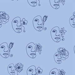 Outline woman face, abstract flowers leaves, line continuous drawing vector seamless pattern. Female portrait