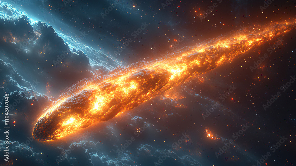 Poster mysterious celestial event showcases a fiery comet traveling through the cosmos. generative ai