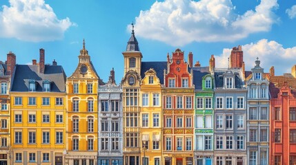 Fototapeta premium Colorful Historic Buildings in Lille with Blue Sky and Clouds