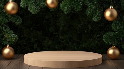 A wooden circular platform surrounded by evergreen branches and gold ornaments, creating a festive holiday atmosphere.
