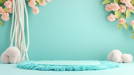 A serene, decorative scene featuring a turquoise backdrop, floral accents, and a textured circular rug, creating a fresh and inviting atmosphere.