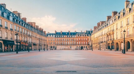 Obraz premium Tranquil European square with historic buildings and soft sunlight