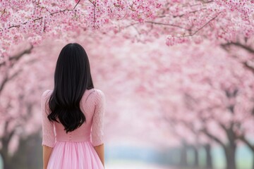 Cherry blossoms create a beautiful backdrop for a woman in a pink dress enjoying springtime