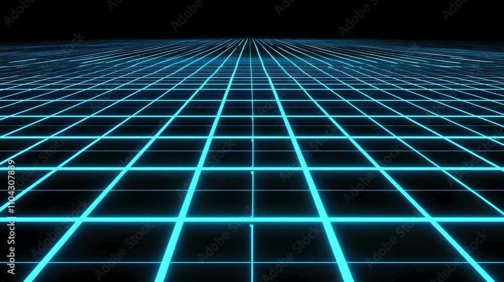 Poster glowing neon blue grid lines create a futuristic high-tech environment in an abstract digital landsc