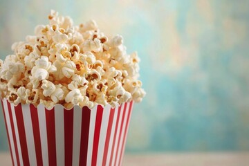 Delicious popcorn in a classic striped container ready for a movie night