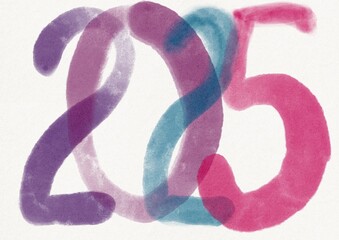 Artistic 2025 design with overlapping watercolor numbers in vibrant purple, blue, and pink tones. Perfect for New Year greetings, creative designs, or artistic calendars.
