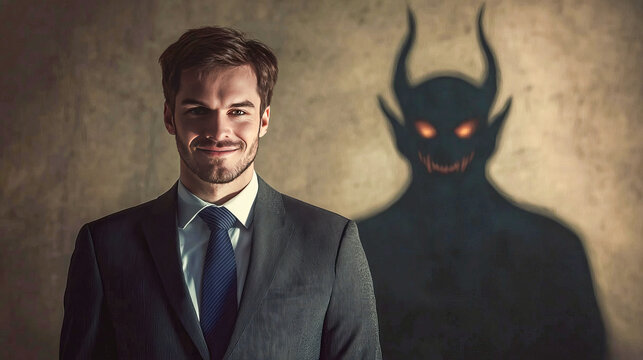Smiling young caucasian male with shadow of demon horns in background