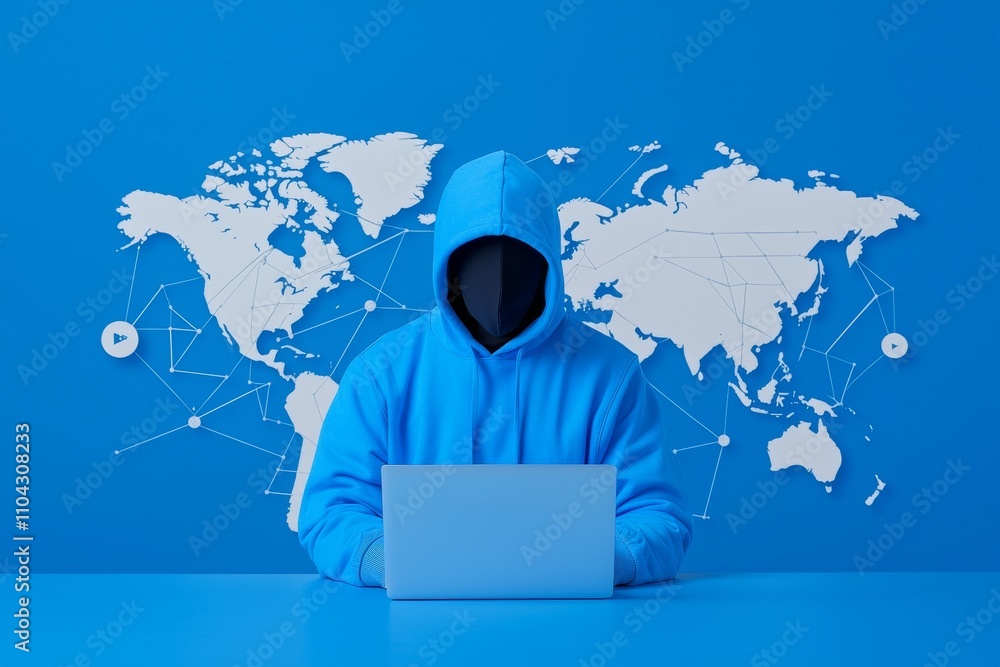 Poster a hacker working on a laptop with a social media network and a remote work hologram.