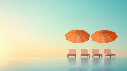 Fototapeta premium A tranquil scene featuring orange umbrellas and lounge chairs by a serene pool against a pastel sunset backdrop, evoking relaxation and vacation vibes.