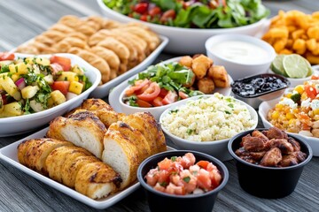 Delicious barbecue feast with grilled meats, sides, and cornbread served on a wooden table
