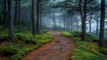 Obraz premium Misty forest path winding through tall pines.