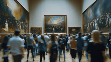 Group of people attend an art gallery with paintings. Ai generated.