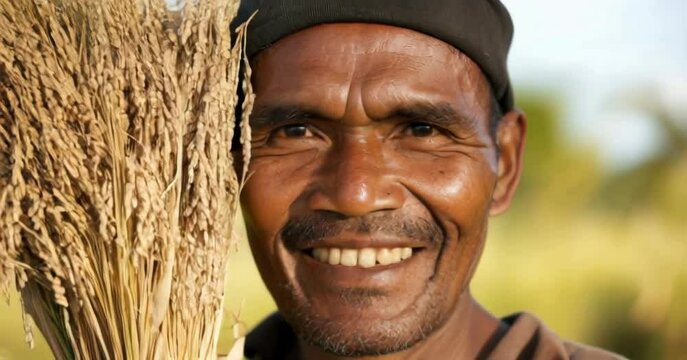 Close up of a cheerful farmer holding a bundle of harvested rice in a lush green field, representing agricultural work.