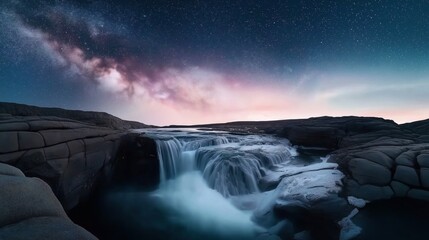 Fototapeta premium Dramatic night landscape with waterfall cascading over rocky terrain under a starry sky and glowing Milky Way galaxy.