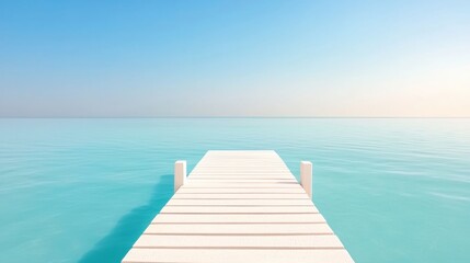 Fototapeta premium A serene wooden dock extends into a calm, turquoise sea under a clear sky, creating a tranquil coastal atmosphere.