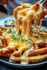 A close-up of indulgent dirty fries topped with melted cheese, crispy and loaded with savory, hearty toppings. This mouth-watering comfort food is a delicious, greasy, and satisfying fast food treat.
