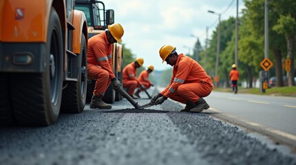 Asphalt road repair work by workers in orange uniforms 