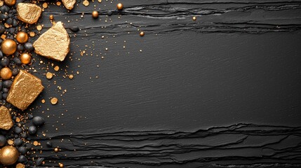 A textured black surface adorned with golden stones and spheres, creating an elegant and luxurious aesthetic.