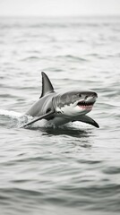 Fototapeta premium Great white shark breaching the ocean surface on a cloudy day