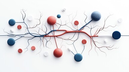 Abstract representation of a neural network with red and blue lines resembling nerve pathways and circular elements symbolizing neurons and synapses