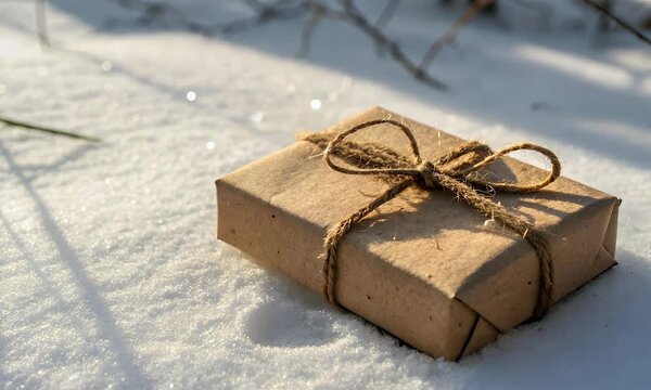 A gift wrapped in craft paper falls onto fresh snow, soft sunlight illuminating the scene.