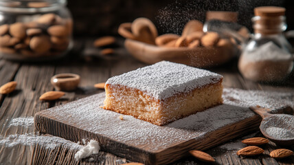 Fototapeta premium Homemade almond cake with powdered sugar on wooden table. Generative AI image
