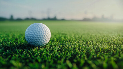 Obraz premium Close-up of golf ball on green grass at sunrise