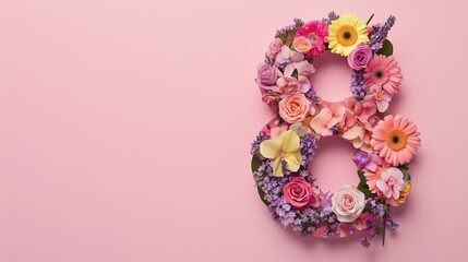 Floral number eight with colorful blooms on pink background