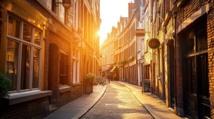 Fototapeta premium Serene Sunset Glow in Historic European Cobblestone Street Scene