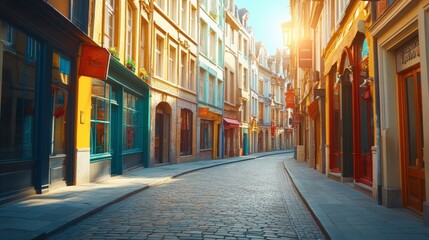 Fototapeta premium Charming cobblestone street in a historic European town at sunset