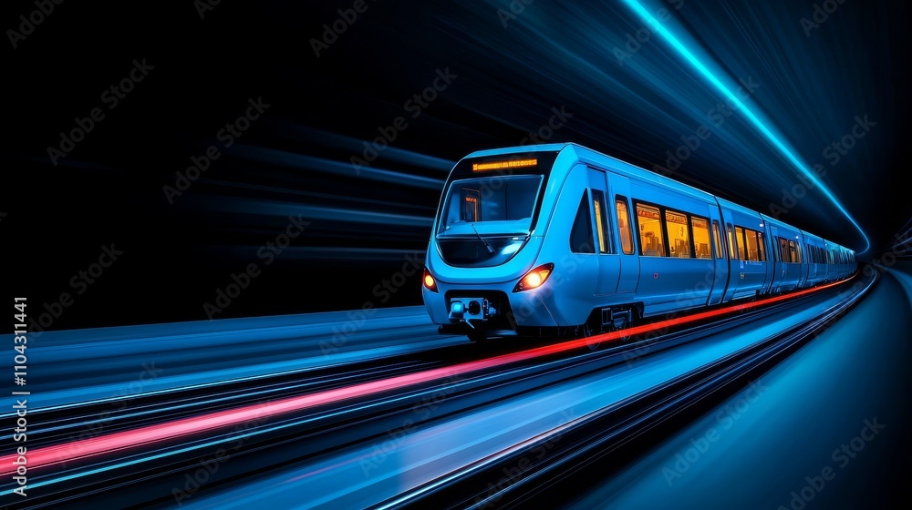 Poster a cutting-edge electric hyperloop tunnel equipped with sleek, aerodynamic pods designed to swiftly a