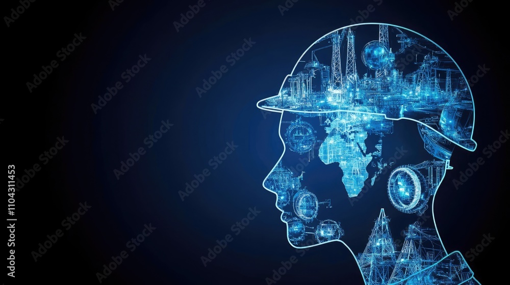 Poster profile of engineer with digital world map and construction elements