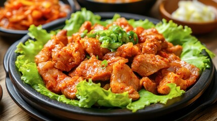 Fototapeta premium Spicy Grilled Pork with Fresh Vegetables on Serving Platter