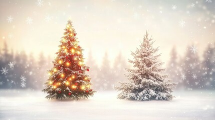 Naklejka premium Beautiful Winter Landscape with Christmas Trees and Snowflakes