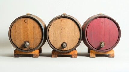 Vintage Wooden Barrels in Three Colors on Neutral Background